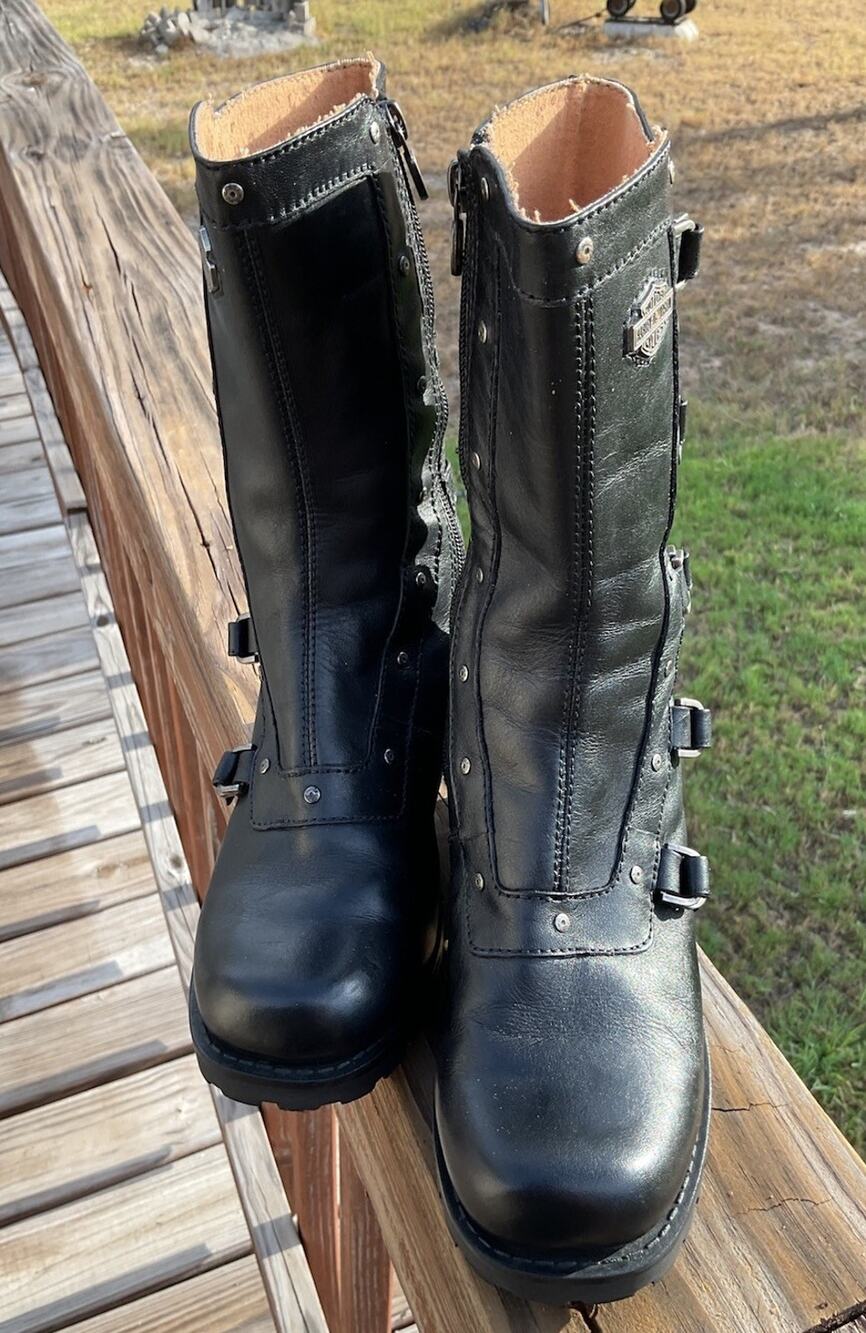 Harley Davidson Afton Five Stap Black Leather Zip-up Leather Boots Womens 6 1/2